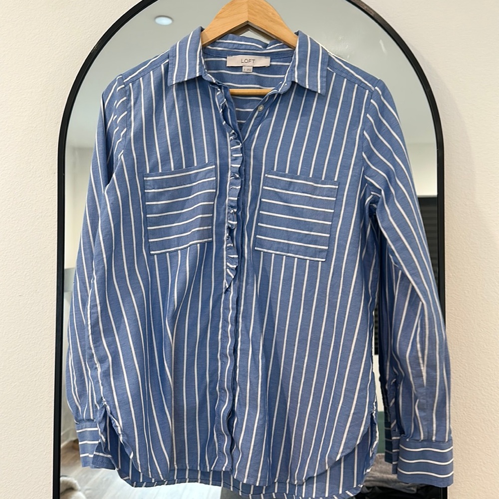 Blue stripe ruffle button down